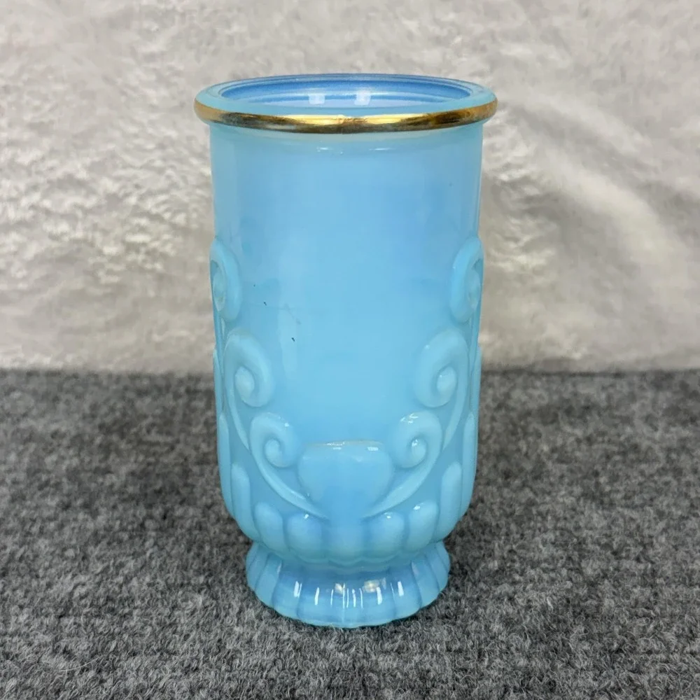 VTG Avon Bristol Blue Opaque Glass Vase 4 3/4 In Scroll Pattern Gold Rim Decor